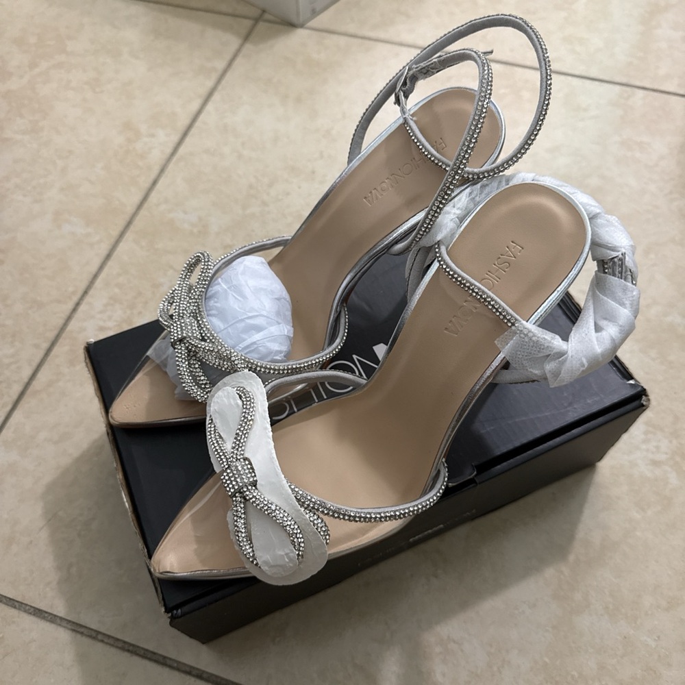 Fashion Nova White Heels with Rhinestone Accents